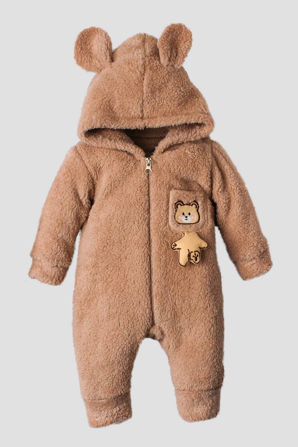 Peluş Ayıcık Cepli Kulaklı Kapüşonlu Kışlık Bebek Tulum Taba 0 24 Ay